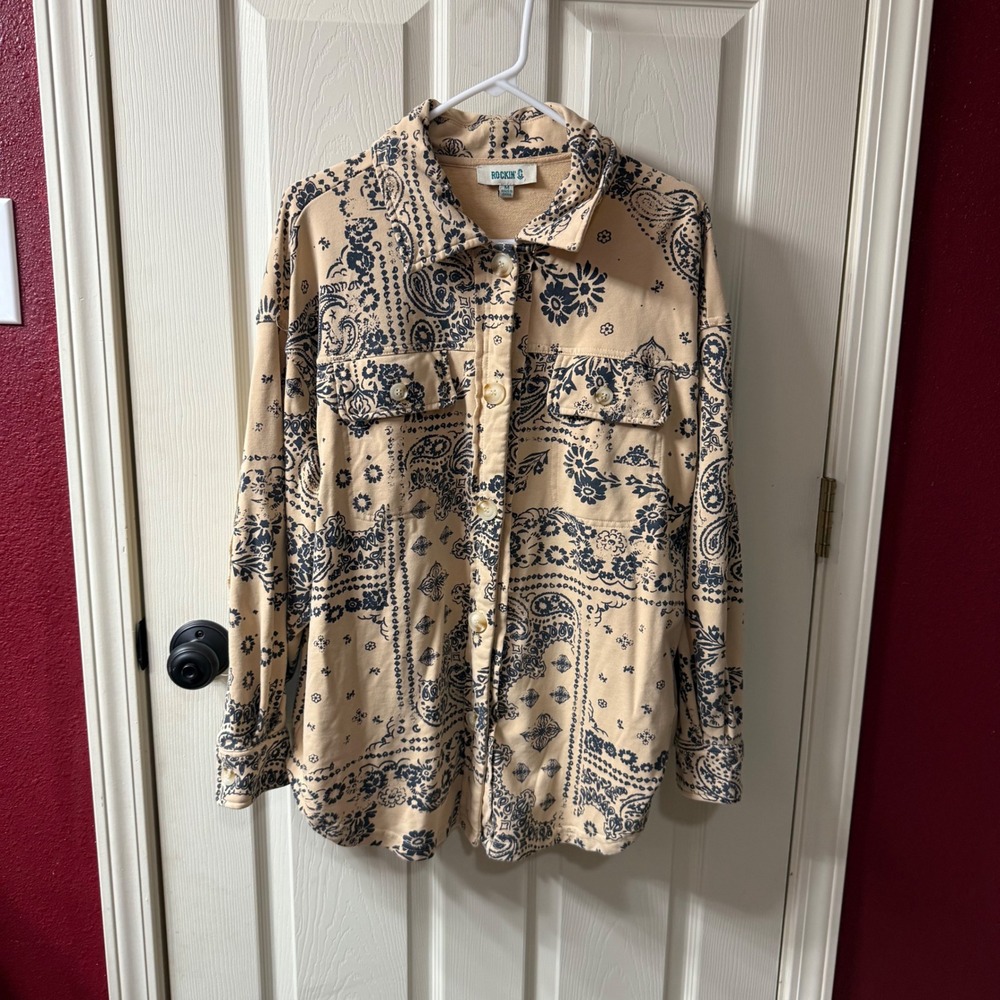 ROCKIN G Beige Paisley Print Button Up Shirt Jacket Women's Size M